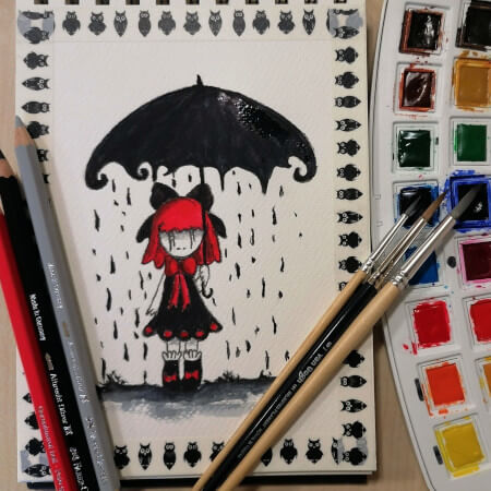 Mädchen mit Schirm, aus dem es regnet