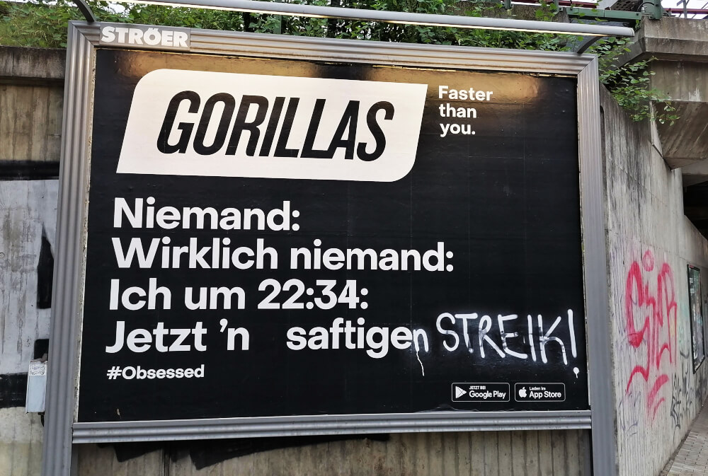 Gorillas adbusting: jetzt 'n saftigen Streik!